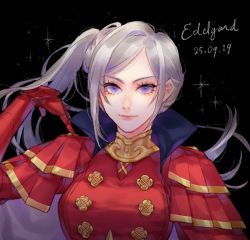 Rule 34 | 1girl, armor, blonde hair, blue eyes, blush, cape, edelgard von hresvelg, fire emblem, fire emblem: three houses, gloves, hair ornament, long hair, looking at viewer, nintendo, ponytail, red cape, sea (azure pastel), side ponytail, simple background, smile, solo