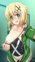 Rule 34 | 10s, 1girl, akatsuki kirika, arm up, blonde hair, blush, breast slip, breasts, clothes pull, collarbone, from above, green eyes, hair ornament, hairclip, hood, hoodie, indoors, large breasts, looking to the side, nipples, no pants, one breast out, open clothes, open hoodie, open mouth, panties, raised eyebrows, reaching, reaching towards viewer, selfie, senki zesshou symphogear, shirt pull, short hair, smile, solo, striped clothes, striped panties, sweat, syunzou, thighhighs, underwear