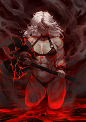 Rule 34 | 1girl, abs, axe, battle axe, bikini, blood, blood on arm, blood on breasts, blood on clothes, blood on face, blood on leg, bloody weapon, bracelet, collar, cuffs, embers, glowing, glowing eyes, handcuffs, highres, holding, holding weapon, jewelry, long hair, looking at viewer, muscular, muscular arms, muscular female, orange eyes, original, partially submerged, smoke, solo, spiked bracelet, spikes, steam, swimsuit, tezy8art, thick thighs, thighs, weapon, white hair, yellow eyes