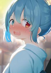 Rule 34 | 1girl, alternate costume, alternate hairstyle, backlighting, blue eyes, blue hair, blue kimono, blurry, blurry background, blush, commentary request, hair between eyes, hair bun, heterochromia, highres, japanese clothes, kimono, lone nape hair, looking at viewer, looking to the side, medium bangs, nose blush, open mouth, piyodesu, portrait, red eyes, short hair, single hair bun, solo, tatara kogasa, teeth, touhou, upper teeth only