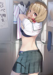 Rule 34 | 1girl, back, black bra, black panties, blush, bra, breasts, character request, cinderella series, commentary request, embarrassed, hachigatsu no cinderella nine, hair bobbles, hair ornament, highres, light brown hair, locker, locker room, looking at viewer, looking back, open mouth, panties, pink eyes, pleated skirt, sailor collar, shirt, short hair, skirt, small breasts, solo, tearing up, tsubure manjuu, underwear, undressing, walk-in, white sailor collar, white shirt