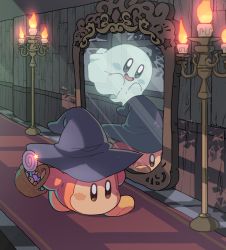 Rule 34 | black headwear, brown eyes, candle, candlestand, different reflection, ghost, ghost kirby, hat, kirby, kirby (series), looking at another, looking away, mirror, mutekyan, nintendo, reflection, waddle dee, witch hat