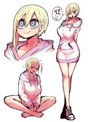 Rule 34 | 1girl, asymmetrical hair, blonde hair, blue eyes, breasts, cleavage, closed mouth, crossed legs, highres, hood, hoodie, kouhai wa inkya agari no infuruensaa, large breasts, legs together, no shoes, open mouth, shigemori erin, shoes, single sidelock, sleeping, smile, sneakers, speech bubble, standing, tomboy, translation request, upper body, white background, white hoodie, wide-eyed, zyugoya
