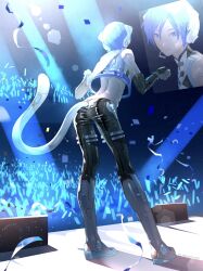 Rule 34 | 1boy, absurdres, animal ears, back, blue eyes, blue hair, blue theme, boots, cat ears, cat tail, claw pose, commentary request, concert, confetti, crop top, dancing, elbow gloves, from behind, full body, gloves, glowstick, hair between eyes, highres, kaito (vocaloid), knee boots, light particles, light rays, male focus, mechanical tail, neko cyber (module), nico1016, pants, project diva (series), shiny clothes, shiny skin, short hair, smile, solo focus, stage, stage lights, standing, streamers, tail, tight clothes, tight pants, vocaloid