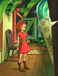 Rule 34 | 10s, 1girl, arrietty, boots, bottle, chaco 1, chair, dress, faux traditional media, karigurashi no arrietty, leaf, light smile, mini person, minigirl, red dress, red skirt, skirt, solo, standing, studio ghibli, window