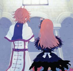 Rule 34 | 1boy, 1girl, back bow, blue capelet, bow, brother and sister, capelet, dress, dress bow, fire emblem, fire emblem engage, flower, from behind, gloves, hair ornament, hand up, highres, long hair, multicolored capelet, nintendo, orange flower, orange hair, pandreo (fire emblem), panette (fire emblem), pillar, pink flower, purple capelet, purple dress, sasaki (dkenpisss), short hair, siblings, standing, white bow, white capelet, white gloves