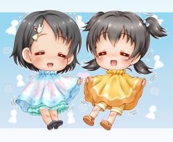 Rule 34 | 2girls, :d, = =, akagi miria, black footwear, black hair, blue bow, blue skirt, bow, brown footwear, closed eyes, facing viewer, frilled skirt, frills, hair between eyes, hair bow, hair ornament, hairclip, idolmaster, idolmaster cinderella girls, low twintails, motion lines, multiple girls, open mouth, parted bangs, poncho, rabbit hair ornament, regular mow, sandals, sasaki chie, shoe soles, shoes, short hair, shorts, skirt, smile, twintails, two side up, yellow shorts