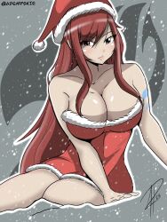 Rule 34 | 1girl, bare shoulders, breasts, christmas, christmas ornaments, collarbone, erza scarlet, fairy tail, hat, highres, large breasts, long hair, mature female, red hair, santa hat, snow, solo