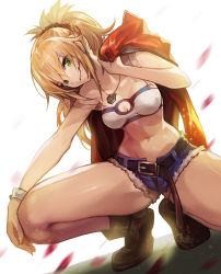 Rule 34 | 1girl, bandeau, belt, blonde hair, boots, braid, breasts, cleavage, denim, denim shorts, fate/apocrypha, fate (series), french braid, goomrrat, green eyes, hair between eyes, jacket, unworn jacket, long hair, looking at viewer, medium breasts, mordred (fate), mordred (fate/apocrypha), mordred (memories at trifas) (fate), navel, necktie, open mouth, petals, ponytail, red jacket, scrunchie, shorts, simple background, smile, solo, squatting, thighs, white background