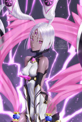 Rule 34 | 1girl, artist name, backless outfit, breasts, colored inner hair, commentary request, cowboy shot, crystal, dark-skinned female, dark skin, dated, drill hair, electricity, fate/grand order, fate (series), highres, multicolored hair, pink eyes, pink hair, small breasts, solo, third eye, titiduki (manman-ya), turtleneck, twin drills, twitter username, two-tone hair, ushi gozen (avenger) (fate), ushi gozen (avenger) (third ascension) (fate), ushi gozen (fate), watermark, web address, white hair
