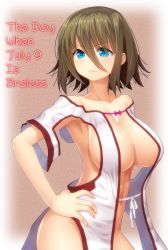 Rule 34 | 1girl, armpits, asamura hiori, bare shoulders, blue eyes, bow, breasts, brown hair, cleavage, closed mouth, collarbone, cowboy shot, female focus, fingernails, gradient background, groin, hair between eyes, hand on own hip, highres, hip focus, large breasts, lips, nail polish, navel, no bra, no panties, original, pink bow, pink ribbon, revealing clothes, ribbon, serious, shiny skin, short hair, sideboob, solo, writing