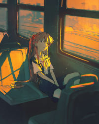 Rule 34 | 1girl, artist request, blouse, blue eyes, breasts, brown hair, evening, hair ornament, highres, interface headset, long hair, looking at viewer, neon genesis evangelion, school uniform, shiny skin, shirt, sitting, smile, souryuu asuka langley, tokyo-3 middle school uniform, two side up, upper body, white shirt