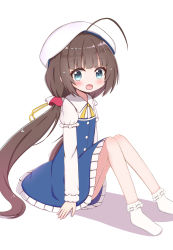 Rule 34 | 1girl, :d, absurdres, ahoge, beret, blue dress, blue eyes, blush, bobby socks, brown hair, collared dress, commentary request, dress, frilled dress, frills, hat, highres, hinatsuru ai, jiu (sdesd3205), knees up, layered sleeves, long hair, long sleeves, looking at viewer, low twintails, neck ribbon, no shoes, open mouth, puffy short sleeves, puffy sleeves, ribbon, ryuuou no oshigoto!, school uniform, shadow, short over long sleeves, short sleeves, sitting, smile, socks, solo, twintails, very long hair, white background, white hat, white socks, yellow ribbon