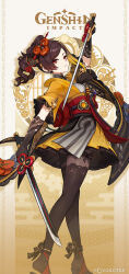 Rule 34 | 1girl, black bow, black gloves, black pantyhose, blonde hair, bow, brown hair, chiori (genshin impact), colored inner hair, commentary, copyright name, dual wielding, genshin impact, gloves, grey kimono, haori, highres, holding, holding sword, holding weapon, japanese clothes, kimono, long hair, looking at viewer, miniskirt, multicolored hair, obi, official art, open clothes, pantyhose, pleated skirt, ponytail, purple lips, red eyes, red sash, sash, short sleeves, skirt, solo, sword, weapon, yellow skirt