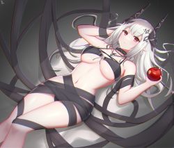 Rule 34 | 1girl, absurdres, apple, arknights, bikini, bitten apple, black bikini, black ribbon, breasts, closed mouth, demon horns, doraski, feet out of frame, food, food bite, front-tie bikini top, front-tie top, fruit, highres, holding, holding food, holding fruit, horns, infection monitor (arknights), jewelry, large breasts, long hair, looking at viewer, lying, mudrock (arknights), mudrock (silent night) (arknights), navel, necklace, on back, pendant, pointy ears, red eyes, ribbon, solo, stomach, swimsuit, thighs, underboob, white hair