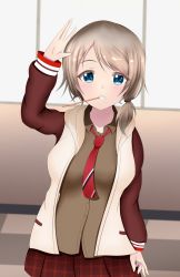 Rule 34 | 1girl, alternate hairstyle, aqua eyes, artist name, artist request, blue eyes, blush, breasts, brown hair, brown shirt, brown skirt, collared shirt, female focus, grey hair, hair between eyes, hair ornament, hairclip, hand wave, highres, indoors, jacket, light brown hair, long sleeves, looking at viewer, love live!, love live! school idol festival, love live! sunshine!!, low ponytail, medium breasts, mouth hold, necktie, parted lips, ponytail, red necktie, shirt, short hair, skirt, smile, solo, striped, striped necktie, swept bangs, valentine, watanabe you, white jacket, wing collar