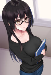 Rule 34 | 1girl, black-framed eyewear, black hair, black sweater, blue hair, blush, book, breasts, closed mouth, collarbone, commentary request, denim, glasses, gradient hair, holding, holding book, huyumitsu, indoors, jeans, large breasts, long hair, long sleeves, looking at viewer, multicolored hair, original, paid reward available, pants, solo, standing, straight hair, sweater, two-tone hair, window, yellow eyes
