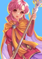 Rule 34 | 1girl, :d, blue background, cape, edamameoka, ethlyn (fire emblem), fire emblem, fire emblem: genealogy of the holy war, highres, holding, holding staff, jacket, long hair, long sleeves, nintendo, open mouth, orange cape, pink hair, pink jacket, purple skirt, red eyes, skirt, smile, solo, staff, underbust