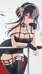 Rule 34 | 1girl, against railing, alcohol, arm rest, armpit crease, bare shoulders, black choker, black dress, black gloves, black hair, black thighhighs, breasts, cheek rest, choker, cleavage, cowboy shot, cup, devil heavens, dress, drink, drinking glass, fingerless gloves, gloves, gold hairband, grey background, hair between eyes, hair bun, hairband, hand on own face, highres, holding, holding cup, holding drink, large breasts, leaning, looking at viewer, railing, red eyes, red wine, short hair with long locks, solo, spy x family, thighhighs, thighs, two-sided dress, two-sided fabric, wine, wine glass, yor briar