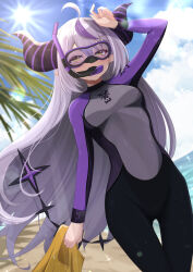Rule 34 | 1girl, absurdres, adapted costume, ahoge, beach, black bodysuit, black horns, blush, bodysuit, braid, braided bangs, breasts, closed mouth, cloud, commentary, commission, demon girl, demon horns, diving mask, diving suit, dutch angle, english commentary, flippers, goggles, grey bodysuit, grey hair, highres, holding flippers, hololive, horns, la+ darknesss, lens flare, long hair, looking at viewer, multicolored bodysuit, multicolored clothes, multicolored hair, outdoors, palm tree, pointy ears, pukonuu, purple bodysuit, purple hair, shading eyes, single braid, skeb commission, skin tight, slit pupils, small breasts, snorkel, solo, streaked hair, striped horns, summer, sweat, tail, tree, very long hair, virtual youtuber, water, wetsuit, yellow eyes