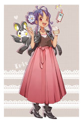 Rule 34 | 1girl, :d, alternate costume, aqua nails, black footwear, black jacket, black legwear, boots, buttons, character name, collarbone, commentary request, creatures (company), cup, disposable cup, emolga, flower, game freak, gen 4 pokemon, gen 5 pokemon, hair flower, hair ornament, hands up, holding, holding cup, iris (pokemon), jacket, nail polish, nintendo, open mouth, pink skirt, pokemon, pokemon (anime), pokemon (creature), pokemon bw (anime), purple hair, rotom, rotom phone, sasairebun, sidelocks, skirt, smile, teeth, tongue