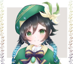 Rule 34 | 1boy, androgynous, black hair, border, bow, braid, brooch, cape, cecilia flower (genshin impact), closed mouth, collared cape, dress shirt, flower, genshin impact, gradient hair, green cape, green eyes, green hat, hat, hat flower, highres, i1013n, jewelry, long hair, male focus, multicolored hair, shirt, smile, solo, striped, striped bow, trap, twin braids, twitter username, upper body, venti (genshin impact), white border, white flower, white shirt