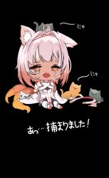 Rule 34 | 1girl, animal, animal ear fluff, animal ears, bangosu, bare shoulders, black background, cat, chibi, copyright request, crying, crying with eyes open, detached sleeves, dress, hair intakes, long sleeves, open mouth, pelvic curtain, pink hair, red eyes, shoe soles, simple background, sitting, sleeveless, sleeveless dress, socks, solo, tail, tears, virtual youtuber, wavy mouth, white dress, white sleeves, white socks, wide sleeves