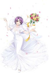 1girl :d akatsuki_no_kiseki alternate_costume bouquet bridal_gauntlets capelet diadem dress eiyuu_densetsu flower full_body head_tilt high_heels highres kloe_rinz long_dress official_art open_mouth pumps purple_eyes purple_hair short_hair simple_background smile solo sora_no_kiseki standing wedding_dress white_background white_capelet white_dress white_footwear