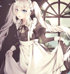 Rule 34 | 1girl, apron, black ribbon, blonde hair, blue eyes, blush, breasts, commentary request, dress, fate/grand order, fate (series), gloves, hair ornament, hat, highres, long hair, looking at viewer, maid, maid headdress, marie antoinette (animejapan 2016) (fate), marie antoinette (fate), official alternate costume, open mouth, ribbon, silver hair, smile, solo, twintails, very long hair, white apron, yua (bokubo0806)