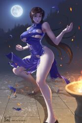 Rule 34 | 1girl, absurdres, arm up, bare shoulders, black footwear, blue dress, breasts, brown eyes, brown hair, china dress, chinese clothes, clenched hand, collared dress, covered erect nipples, dress, embers, exploding clothes, fighting stance, fire, forest, full body, full moon, highres, hong xiu ying, large breasts, long hair, midriff peek, moon, moonlight, nature, night, night sky, open hand, open mouth, outdoors, parted bangs, sega, shenmue, shenmue ii, shenmue the animation, side slit, sidelocks, signature, sky, solo, thank you, thighs, tile floor, tiles, tomo eokaiteru, torn clothes, torn dress, underboob, very long hair
