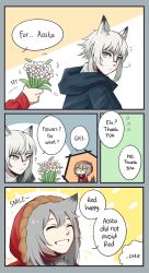 Rule 34 | 1boy, 1girl, animal ears, aosta (arknights), archimbek, arknights, blue coat, coat, commentary, english commentary, english text, flower, fur-trimmed hood, fur trim, gift, grey hair, grin, highres, hood, hooded jacket, jacket, mask, mask around neck, medium hair, multicolored background, projekt red (arknights), red jacket, smile, tail, white flower, white hair, wolf boy, wolf ears, wolf girl, wolf tail, yellow eyes