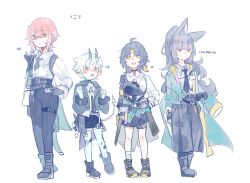 1girl 3boys ahoge animal_ear_fluff animal_ears asaba_harumasa black_gloves black_hair blue_skin closed_mouth colored_skin dress_shirt expressionless fox_boy fox_ears fox_girl full_body genderswap genderswap_(ftm) genderswap_(mtf) glasses gloves hand_on_own_hip headband highres horns hoshimi_miyabi jacket looking_at_viewer multiple_boys necktie oni parted_bangs pink_eyes pink_hair ponytail red_eyes shirt short_hair sleeping_7777 smile soukaku_(zenless_zone_zero) tsukishiro_yanagi white_hair yellow_headband zenless_zone_zero