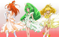 Rule 34 | 10s, 3girls, blonde hair, boots, bow, bow-shaped hair, crown, cure march, cure march (princess form), cure peace, cure peace (princess form), cure sunny, cure sunny (princess form), detached sleeves, dress, green eyes, green hair, hair flaps, highres, hino akane (smile precure!), kise yayoi, makacoon, midorikawa nao, multiple girls, orange dress, ponytail, precure, princess form (smile precure!), red eyes, red hair, smile precure!, thigh boots, thighhighs, transparent, v, yellow bow, yellow eyes