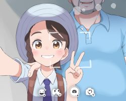 Rule 34 | 1boy, 1girl, age difference, blue necktie, blue shirt, braid, breast pocket, brown eyes, brown hair, bubukka, clenched teeth, creatures (company), game freak, hat, juliana (pokemon), looking at viewer, necktie, nintendo, pocket, pokemon, pokemon sv, selfie, shirt, single braid, smile, teeth, v, white headwear, white shirt
