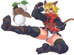 Rule 34 | 00s, 1girl, angry, animal ears, armor, black thighhighs, blonde hair, blue eyes, boots, cat ears, cat tail, clenched hand, clenched hands, curvy, fangs, fighting stance, final fantasy, final fantasy xi, fingerless gloves, gloves, hairband, jpeg artifacts, kawacchi hirohiro, kicking, leaf, mandragora, mandragora (final fantasy), mithra (ff11), monk, monk (final fantasy), open mouth, panties, pantyshot, ponytail, print panties, sash, simple background, tail, tears, thick thighs, thighhighs, thighs, underwear, white panties, zettai ryouiki