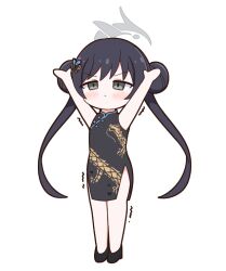 Rule 34 | 1girl, achilles (yosshyachillesd), arms up, black dress, black footwear, black hair, blue archive, blush, butterfly hair ornament, china dress, chinese clothes, commentary, double bun, dragon print, dress, full body, grey eyes, hair bun, hair ornament, halo, kisaki (blue archive), looking ahead, serious, side slit, sleeveless, sleeveless dress, solo, standing, stretching, trembling, twintails, v-shaped eyebrows