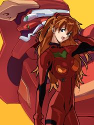 Rule 34 | 1girl, beef stew, blue eyes, bodysuit, breasts, eva 02, extra eyes, green eyes, hair behind ear, hand in own hair, looking at viewer, mecha, neon genesis evangelion, open mouth, orange hair, pilot suit, plugsuit, rebuild of evangelion, red bodysuit, robot, science fiction, simple background, small breasts, smile, souryuu asuka langley, two side up, yellow background