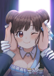 Rule 34 | 1girl, backlighting, blunt bangs, blush, breasts, brown hair, cheek squash, cleavage, commentary request, detached collar, double bun, gloves, hair bun, hair ribbon, highres, idolmaster, idolmaster shiny colors, looking at viewer, one eye closed, pov, pov hands, red eyes, ribbon, short twintails, simple background, solo focus, sonoda chiyoko, soramame tomu, sweat, twintails, white gloves