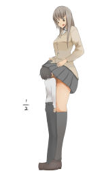 Rule 34 | 1boy, 1girl, black thighhighs, clothes pull, full body, giant, giantess, highres, marushamo (marusmayo), pleated skirt, school uniform, simple background, size difference, skirt, skirt pull, standing, thighhighs, uniform, white background
