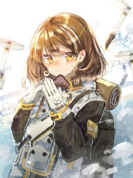 Rule 34 | 1girl, arknights, artist name, backpack, bad id, bad pixiv id, bag, bird mask, breath, brown hair, closed mouth, coat, cold, commentary, cowboy shot, crescent, crescent earrings, drone, earrings, english commentary, english text, expressionless, fingers together, gas mask, gloves, highres, jewelry, looking at viewer, magallan (arknights), mask, mask around neck, multicolored hair, outdoors, rhine lab logo, short hair, single earring, snow, snowflakes, solo, strap, streaked hair, two-tone hair, white coat, white gloves, white hair, winter clothes, winter coat, yellow eyes, zahravoca (annpratamav)