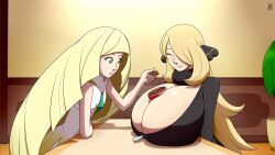 Rule 34 | 2girls, between breasts, blonde hair, blush, breasts, cleavage, closed eyes, cookie, creatures (company), cynthia (pokemon), feeding, female focus, food, game freak, gigantic breasts, green eyes, hair over one eye, highres, long hair, lusamine (pokemon), multiple girls, nintendo, pokemon, pokemon dppt, pokemon sm, small breasts, upper body, ydbunny