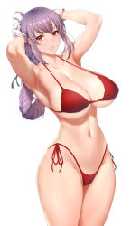 Rule 34 | 1girl, adjusting hair, armpits, arms up, bikini, braid, braided ponytail, breasts, cleavage, collarbone, curvy, fate/grand order, fate (series), florence nightingale (fate), gloves, has bad revision, has downscaled revision, highleg, highleg bikini, highres, huge breasts, legs together, lips, long hair, looking at viewer, md5 mismatch, navel, parted lips, purple hair, red bikini, red eyes, resolution mismatch, side-tie bikini bottom, simple background, single braid, solo, source smaller, standing, stomach, swimsuit, thick thighs, thighs, underboob, undersized clothes, white background, white gloves, zucchini