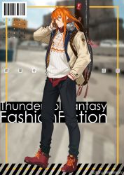 Rule 34 | 1boy, alternate costume, aqua eyes, barcode, blurry, blurry background, contemporary, denim, english text, full body, guitar case, hand in pocket, headphones, highres, instrument case, ishitsu kenzou, jeans, kanji, lang wu yao, layered clothes, long hair, looking at viewer, male focus, orange hair, pants, shoes, sneakers, sweater, thunderbolt fantasy, twitter username