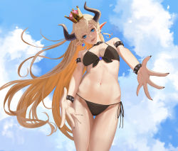Rule 34 | 1girl, armlet, bikini, black bikini, black collar, black nails, blonde hair, blue sky, bowsette, bracelet, breasts, brooch, cat04, cleavage, collar, commentary request, day, earrings, fingernails, from below, highres, horns, jewelry, large breasts, lips, long hair, looking at viewer, mario (series), nail polish, navel, new super mario bros. u deluxe, nintendo, no tail, nose, outstretched hand, pointy ears, ponytail, reaching, reaching towards viewer, sharp fingernails, side-tie bikini bottom, sideboob, sky, slit pupils, solo, spiked armlet, spiked bracelet, spiked collar, spikes, standing, super crown, swimsuit, thigh gap, very long hair