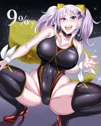 Rule 34 | 1girl, :d, absurdres, black thighhighs, blush, breasts, choker, claw pose, cleavage, commentary request, competition swimsuit, covered navel, dutch angle, hair ornament, hairclip, high heels, highleg, highleg swimsuit, highres, huge breasts, kaguya luna, long hair, looking at viewer, one-piece swimsuit, open mouth, puripuri jet, purple eyes, purple hair, red footwear, ribbon, sidelocks, smile, solo, squatting, swimsuit, teeth, the moon studio, thighhighs, twintails, virtual youtuber, wrist ribbon, x hair ornament