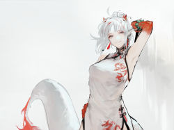 Rule 34 | 1girl, ahoge, arknights, arm up, armpits, bare shoulders, bead bracelet, beads, bracelet, breasts, china dress, chinese clothes, closed mouth, collar, collared dress, colored skin, commentary request, cowboy shot, dragon print, dragon tail, dress, ear piercing, earrings, gradient skin, grey eyes, highres, horns, jewelry, koba (jdhikdjdkfiwufh), long hair, looking at viewer, multicolored hair, nian (arknights), nian (unfettered freedom) (arknights), official alternate costume, piercing, pointy ears, red hair, red skin, silver hair, simple background, sleeveless, sleeveless dress, smile, solo, standing, streaked hair, tail, white background, white dress