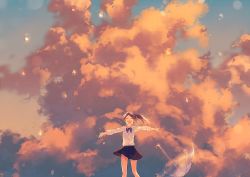 Rule 34 | 1girl, achiki, cloud, evening, long hair, open mouth, original, outstretched arms, school uniform, sky, smile, solo, umbrella