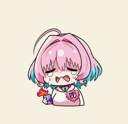 Rule 34 | 1girl, ahoge, blue hair, chibi, closed eyes, commentary, cropped torso, crying, fire, hair between eyes, heart-shaped lock, holding, holding phone, idolmaster, idolmaster cinderella girls, mitche, multicolored hair, phone, pink hair, raised eyebrows, shirt, simple background, smartphone case, solo, tears, two-tone hair, upper body, yumemi riamu