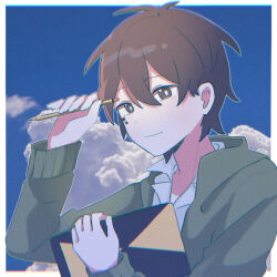 Rule 34 | 1boy, blue sky, border, bright pupils, brown eyes, brown hair, chinese commentary, chromatic aberration, closed mouth, cloud, collared shirt, commentary, dated commentary, day, double-parted bangs, facial mark, green jacket, hair between eyes, hand up, holding, holding sketchbook, jacket, kagerou project, kokonose haruka, koyon, long bangs, long sleeves, looking at viewer, male focus, mixed-language commentary, open clothes, open collar, open jacket, outdoors, shirt, short hair, sideways glance, sketchbook, sky, smile, solo, upper body, white border, white pupils, white shirt