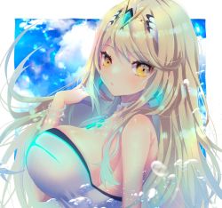 Rule 34 | 1girl, blonde hair, breasts, chest jewel, headpiece, highres, large breasts, long hair, misosio uma, mythra (radiant beach) (xenoblade), mythra (xenoblade), one-piece swimsuit, ribbed swimsuit, solo, strapless, strapless one-piece swimsuit, striped clothes, striped one-piece swimsuit, swept bangs, swimsuit, tiara, two-tone swimsuit, vertical-striped clothes, vertical-striped one-piece swimsuit, very long hair, white one-piece swimsuit, xenoblade chronicles (series), xenoblade chronicles 2, yellow eyes